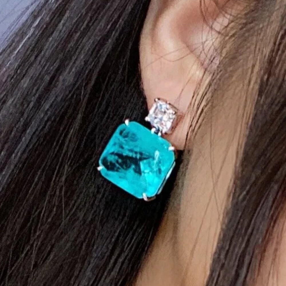 925 Silver Paraiba Tourmaline Gemstone Drop Earrings - Picture 4 of 5